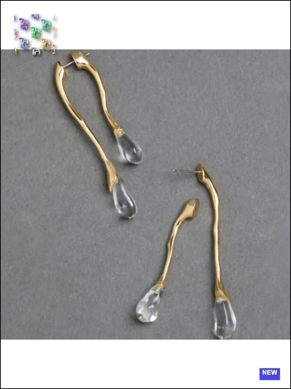 Gold Tone Geometric Hoop Earrings with Translucent Resin Droplet, Lightweight,